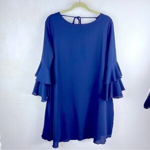 Mts brand teal blue dress with double bell sleeve, scoop back with tie. Size L